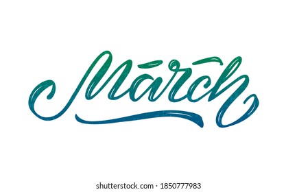 Ilustración vectorial de las letras de marzo para banner, carteles, carteles, tarjetas de felicitación, anuncio de tienda, recuerdos, diseño de calendario. Palabra aislada azul y verde manuscrita con textura 
