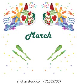 vector illustration for march month calendar page with symmetrical stylish seasonal symbols