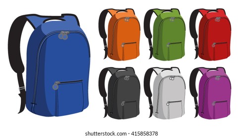 Vector illustration of marching, school, sports backpack in different colors: green, orange, blue, red, purple, white and black