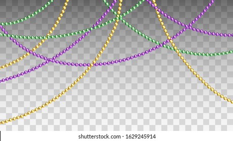 Vector illustration of Mardi Gras beads in traditional colors. Decorative glossy realistic elements for design Mardi Gras. Beads Isolated on transparent background.