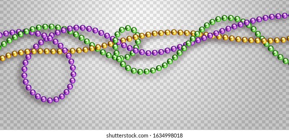 Vector illustration of Mardi Gras beads in traditional colors. Decorative glossy realistic elements for design Mardi Gras. Beads Isolated on transparent background.