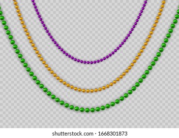 Vector illustration of Mardi Gras beads in traditional colors. Decorative glossy realistic elements