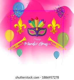 Vector illustration of Mardi Gras carnival celebration concept banner with beautiful venetian mask, balloons, symbols, party horns decoration.