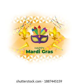 Vector illustration of Mardi Gras carnival celebration concept banner with beautiful venetian mask, balloons, symbols, party horns decoration.