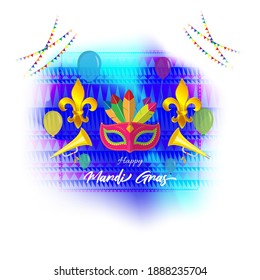 Vector illustration of Mardi Gras carnival celebration concept banner with beautiful venetian mask, balloons, symbols, party horns decoration.