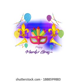 Vector illustration of Mardi Gras carnival celebration concept banner with beautiful venetian mask, balloons, symbols, party horns decoration.