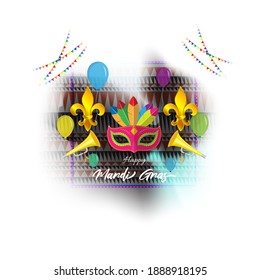 Vector illustration of Mardi Gras carnival celebration concept banner with beautiful venetian mask, balloons, symbols, party horns decoration.