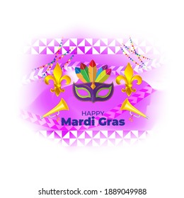 Vector illustration of Mardi Gras carnival celebration concept banner with beautiful venetian mask, balloons, symbols, party horns decoration.
