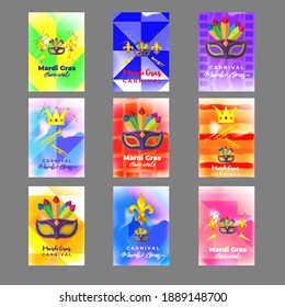 Vector illustration of Mardi Gras carnival celebration concept banner with beautiful venetian mask, balloons, symbols, party horns decoration.