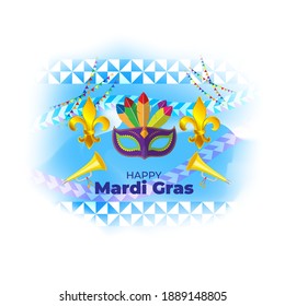 Vector illustration of Mardi Gras carnival celebration concept banner with beautiful venetian mask, balloons, symbols, party horns decoration.