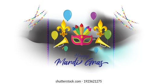 Vector illustration of Mardi Gras carnival celebration concept banner with beautiful venetian mask, balloons, symbols, party horns decoration.