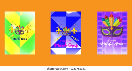 Vector illustration of Mardi Gras carnival celebration concept banner with beautiful venetian mask, balloons, symbols, party horns decoration.