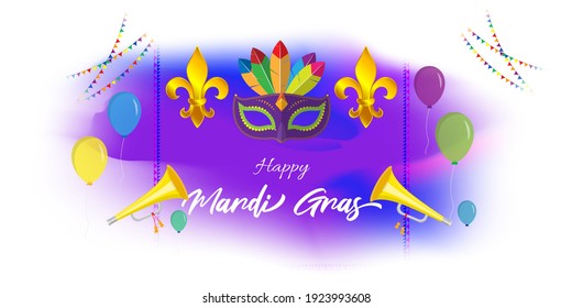 Vector illustration for Mardi Gras carnival celebration concept banner with beautiful venetian mask, balloons with party horns decoration symbols.