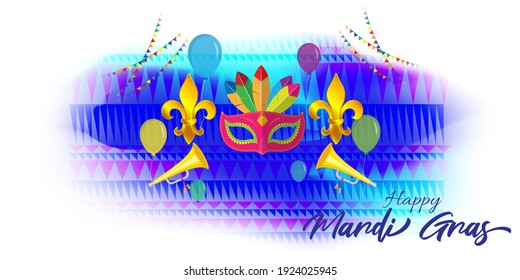 Vector illustration of Mardi Gras carnival celebration concept banner with beautiful venetian mask, balloons, symbols, party horns decoration.