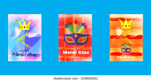 Vector illustration of Mardi Gras carnival celebration concept banner with beautiful venetian mask, balloons, symbols, party horns decoration.