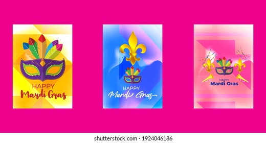 Vector illustration of Mardi Gras carnival celebration concept banner with beautiful venetian mask, balloons, symbols, party horns decoration.