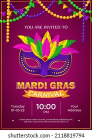 Vector illustration of Mardi Gras carnival celebration concept banner with beautiful venetian mask, balloons, symbols, party horns decoration.