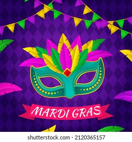 Vector illustration of Mardi Gras carnival celebration concept banner with beautiful venetian mask, balloons, symbols, party horns decoration.