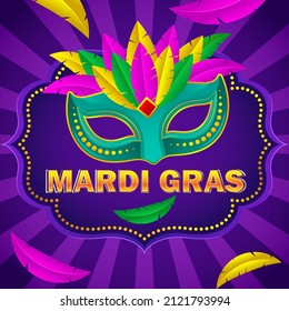 Ilustración vectorial del cartel de la celebración del carnaval de Mardi Gras con hermosa máscara veneciana, globos, símbolos, decoración de cuernos de fiesta.