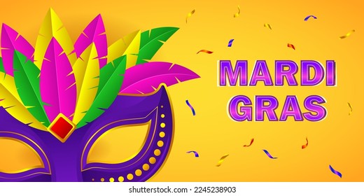 Vektorgrafik von Mardi Gras Karneval-Konzept-Banner mit wunderschöner venezianischer Maske, Ballons, Symbole, Partyhörner-Dekoration.