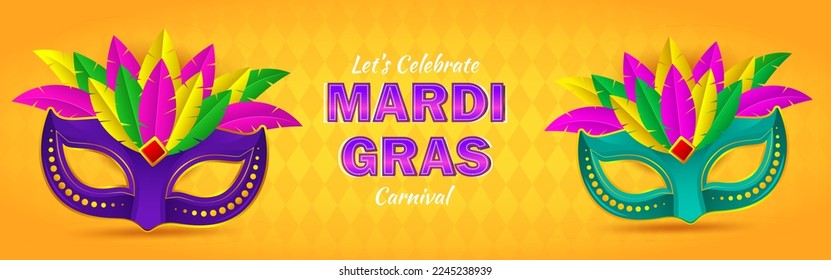 Vector illustration of Mardi Gras carnival celebration concept banner with beautiful venetian mask, balloons, symbols, party horns decoration.