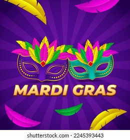 Vector illustration of Mardi Gras carnival celebration concept banner with beautiful venetian mask, balloons, symbols, party horns decoration.