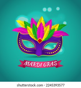 Ilustración vectorial del cartel de la celebración del carnaval de Mardi Gras con hermosa máscara veneciana, globos, símbolos, decoración de cuernos de fiesta.