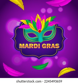 Vector illustration of Mardi Gras carnival celebration concept banner with beautiful venetian mask, balloons, symbols, party horns decoration.