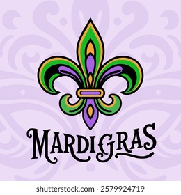 Vector illustration of Mardi Gras carnival celebration concept banner, invitation, flyer, greeting, post, story with a decorative fleur-de-lis in purple, green, and gold.