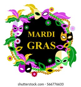 Vector illustration of Mardi Gras carnival party. Mask, beads and flowers in flat style.