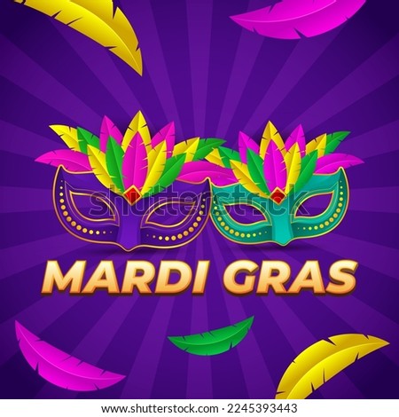 Vector illustration of Mardi Gras carnival celebration concept banner with beautiful venetian mask, balloons, symbols, party horns decoration.