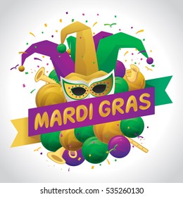 Vector illustration of Mardi Gras festival background with mask, beads and calligraphy design.