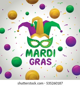 Vector illustration of Mardi Gras festival background with mask, beads and calligraphy design.