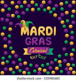 Vector illustration of Mardi Gras festival background with mask, beads and calligraphy design.