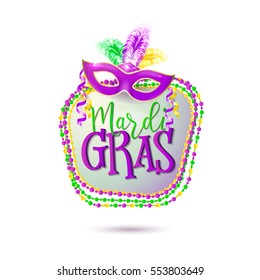 Vector illustration of Mardi Gras holiday greeting card with yellow, green, purple necklaces, venetian masquerade mask with feather, serpentine, lettering text sign isolated on white background