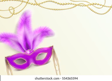 Vector illustration of Mardi Gras holiday background with violet luxury ornate Venetian carnival mask with colorful purple feathers and gold beads for poster template