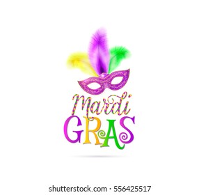 Vector illustration of Mardi Gras holiday text sign with venetian masquerade mask with purple yellow green feather isolated on white background