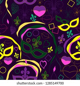 Vector illustration for mardi gras. Seamless pattern with masks, feathers, hearts, confetti, french lily.