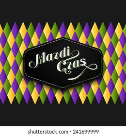 vector illustration of Mardi Gras or Shrove Tuesday lettering label on checkered background. Holiday poster or placard template