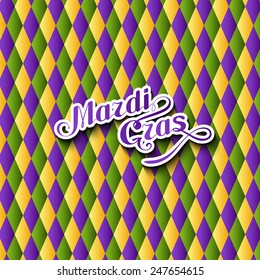 vector illustration of Mardi Gras or Shrove Tuesday lettering label on checkered background. Holiday poster or placard template