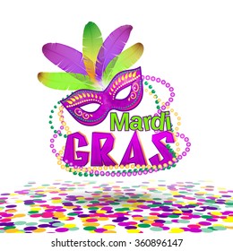 Vector illustration of Mardi Gras or Shrove Tuesday lettering label on white background. Holiday poster or placard template. Mardi Gras design element. EPS 10 vector, grouped for easy editing.