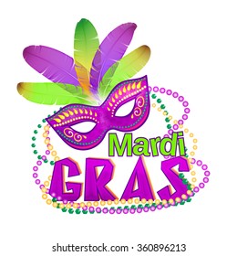 Vector illustration of Mardi Gras or Shrove Tuesday lettering label on white background. Holiday poster or placard template. Mardi Gras design element. EPS 10 vector, grouped for easy editing.