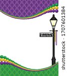 A vector illustration of a Mardi Gras theme background border with purple, gold and green beads a fleur de lis pattern and the Bourbon Street New Orleans lamp post and empty white space