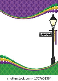 A Vector Illustration Of A Mardi Gras Theme Background Border With Purple, Gold And Green Beads A Fleur De Lis Pattern And The Bourbon Street New Orleans Lamp Post And Empty White Space