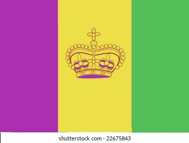 vector illustration of mardis gras, Fat Tuesday, flag with purple for justice, green for faith and gold for power stripes.  The flag has the purple crown placed in the center of the gold stripe