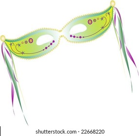 Vector illustration of mardis gras mask. The mask is mostly shades of green with purple and gold embellishments. Ribbons hang from both sides of the mask. There are circles, dots and stars on the mask