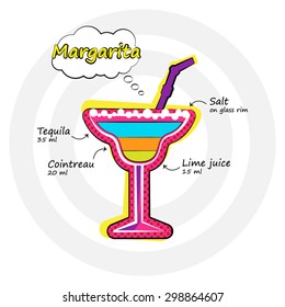 Vector illustration. Margarita cocktail drink recipe in bright pop-art style.