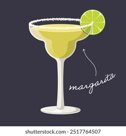 Ilustração vetorial do coquetel Margarita isolado no fundo preto. Bebida alcoólica clássica de verão