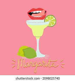 Vector illustration with Margarita cocktail, lime and lips. Design for print, poster, menu. 