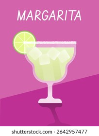 Vector illustration of Margarita cocktail with lime garnish on vibrant pink background. Perfect for festive and Mexican-themed designs.